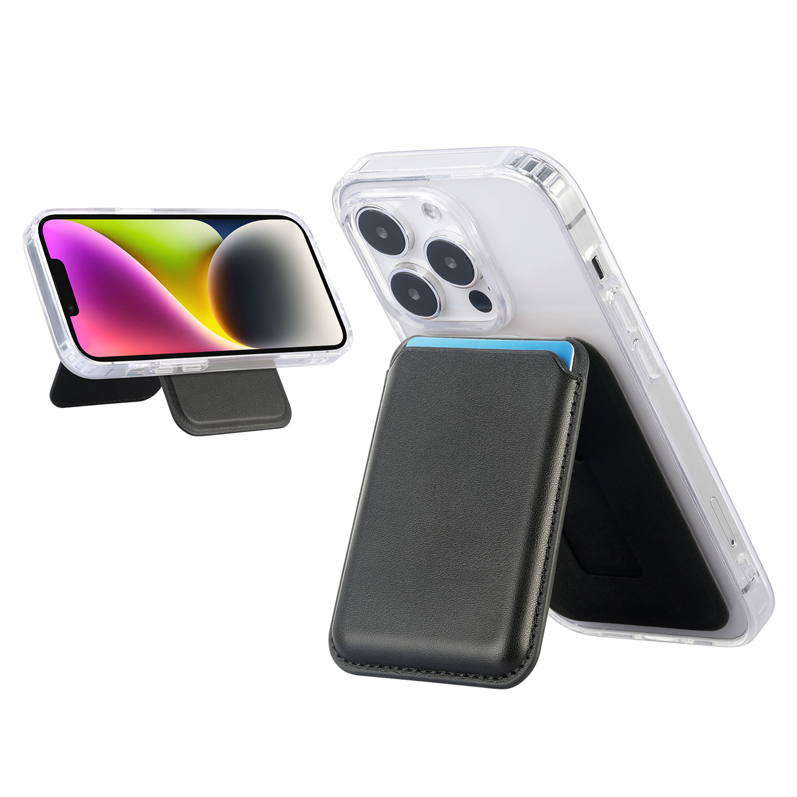 V888-ELOSUNG33915-202509120955-00 Black Slim Magnetic Card Holder Wallet with Adjustable Kickstand - MagSafe Compatible - Image 1