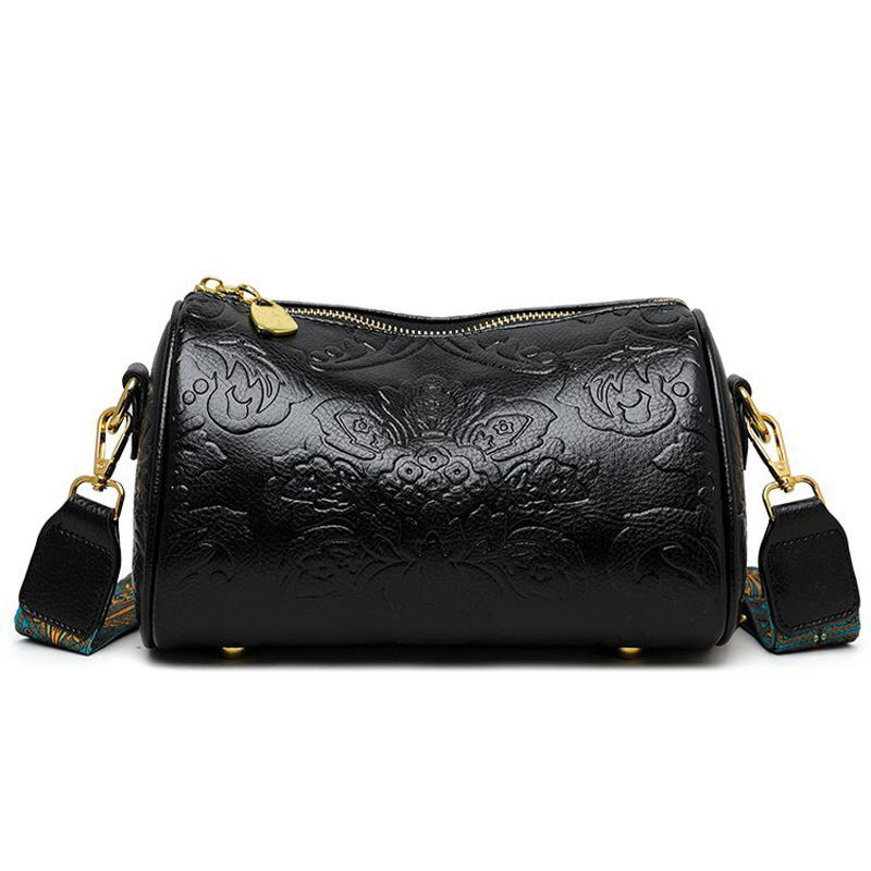 V888-ELOSUNG33960-202509221020-00 Black Vintage Embossed Crossbody Barrel Bag with Wide Adjustable Guitar Strap - Image 1