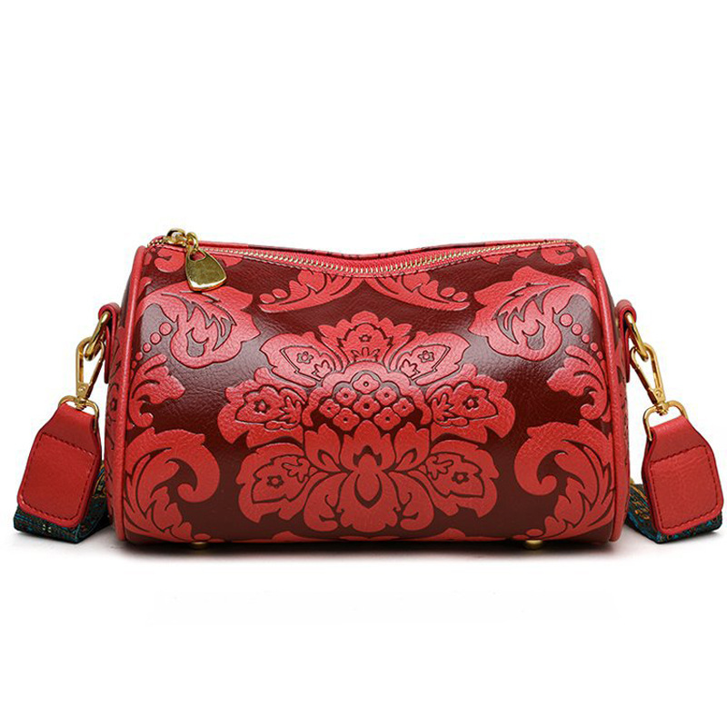 V888-ELOSUNG33961-202509221020-00 Red Vintage Embossed Crossbody Barrel Bag with Wide Adjustable Guitar Strap - Image 1