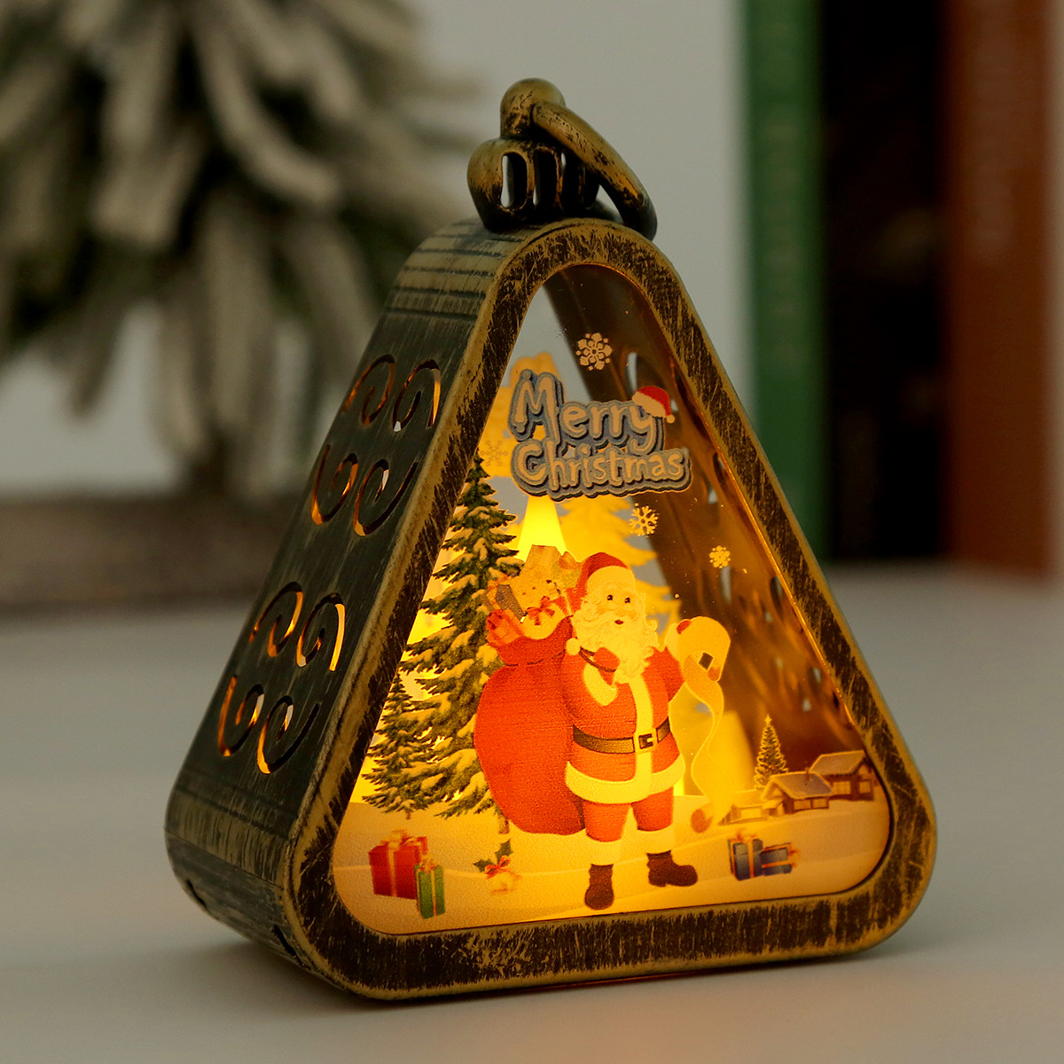 V888-ELOSUNG34409-202507111003-00 Bronze color Santa Claus Charming Christmas Scene Mini Lanterns (Set of 3) - Battery Operated LED Lights for a Cozy Holiday Glow - Image 1