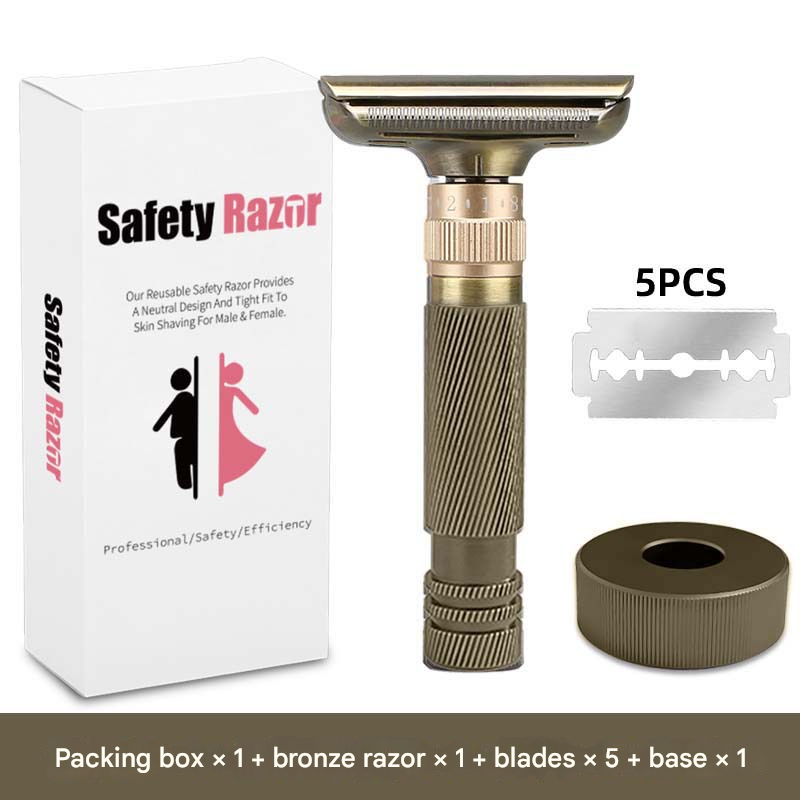 V888-ELOSUNG34494-202507211311-00 Bronze color Premium Adjustable Double Edge Safety Razor Kit - 8-Setting Precision Shave with Stand & 5 Blades - Image 1