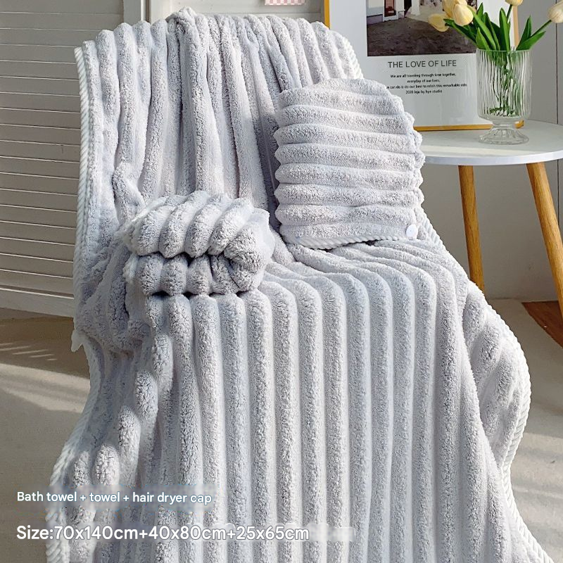 V888-ELOSUNG34499-202507211316-00 Grey Plush Ribbed Coral Fleece 3-Piece Towel Set - Ultra Soft & Absorbent Bath, Hand Towel and Hair Wrap - Image 1