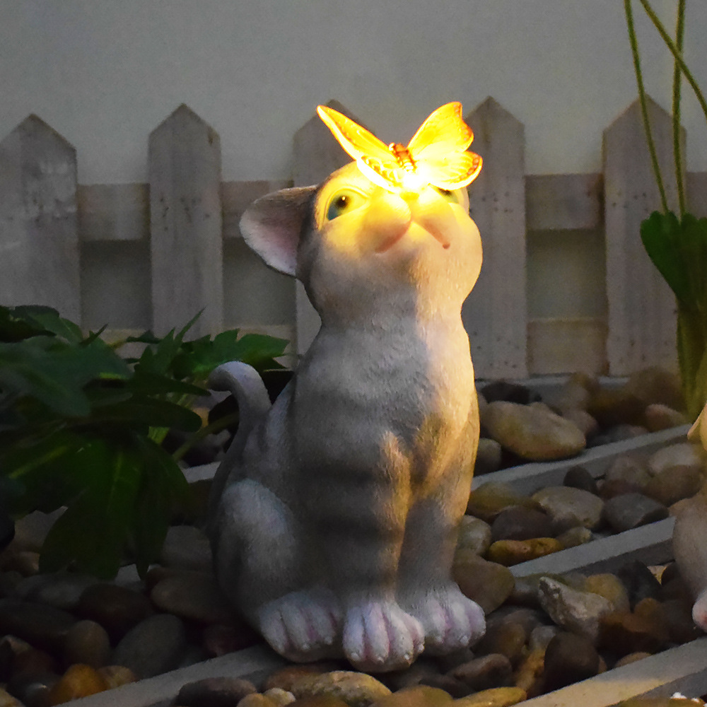 V888-ELOSUNG34546-202507281710-00 Cats and Butterflies Charming Solar-Powered Animal Garden Statue - Waterproof Resin Figurine with Glowing LED Accents - Image 1