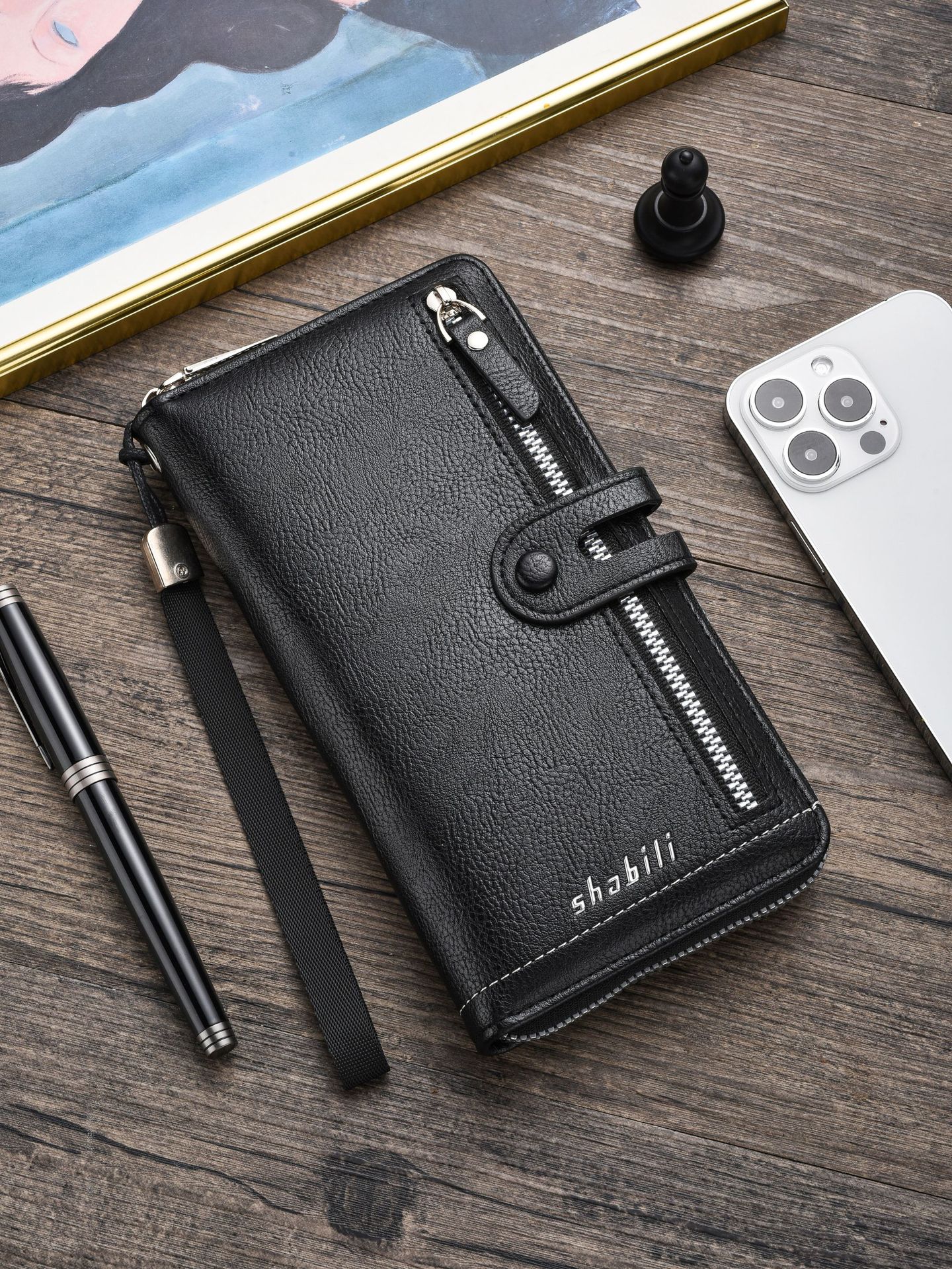 V888-ELOSUNG35606-202507070953-00 Two pieces High-Capacity PU Leather Clutch Wallet - Unisex Design with Wrist Strap, Zipper & Multiple Card Slots(black) - Image 1