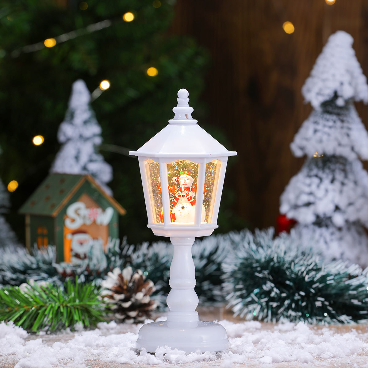 V888-ELOSUNG35798-202507301018-00 Festive LED Christmas Snow Globe Lantern - Glittering Tabletop Decoration with Santa/Snowman Scene, Dual Power(white) - Image 1