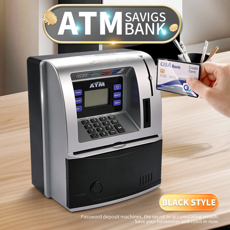 V888-ELOSUNG35820-202508041420-00 Kids Electronic ATM Savings Bank - Digital Piggy Bank with Password, Auto Roll-in Banknotes & Coin Slot for Financial Learning Fun(black) - Image 1