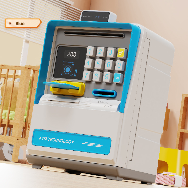 V888-ELOSUNG35825-202508041420-00 Kids Electronic ATM Piggy Bank with Simulated Facial Recognition & Password - Auto Roll-in Banknote & Coin Money Box for Financial Learning(blue) - Image 1