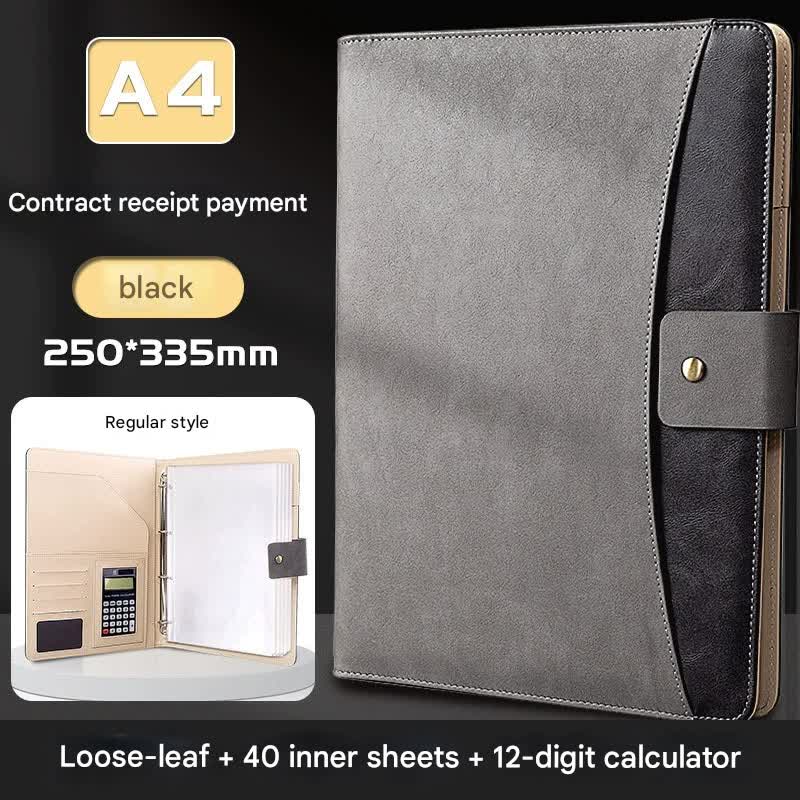 V888-ELOSUNG35883-202508141915-00 A4 PU Leather Business Portfolio with Ring Binder, Calculator & 40 Sleeves(grey and black) - Image 1