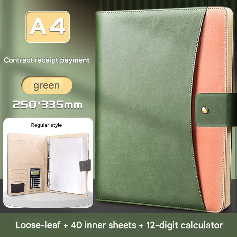 V888-ELOSUNG35884-202508141915-00 A4 PU Leather Business Portfolio with Ring Binder, Calculator & 40 Sleeves(green) - Image 1