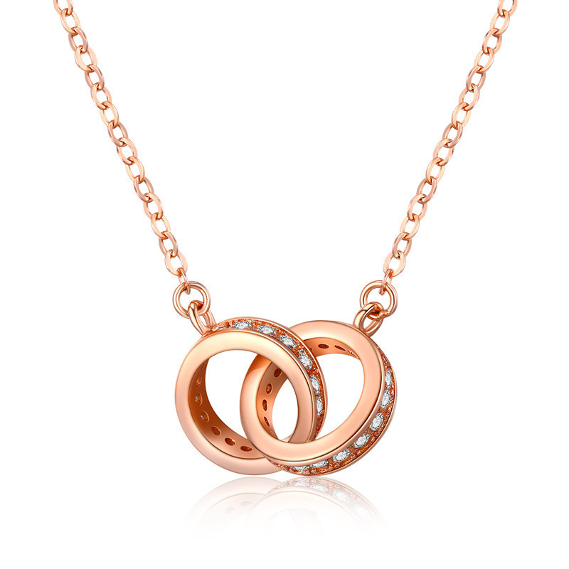 V888-ELOSUNG35906-202508191015-00 2pc Elegant Interlocking Rings Pendant Necklace with Zirconia Accents - Copper Base, Minimalist Jewelry(Rose gold) - Image 1