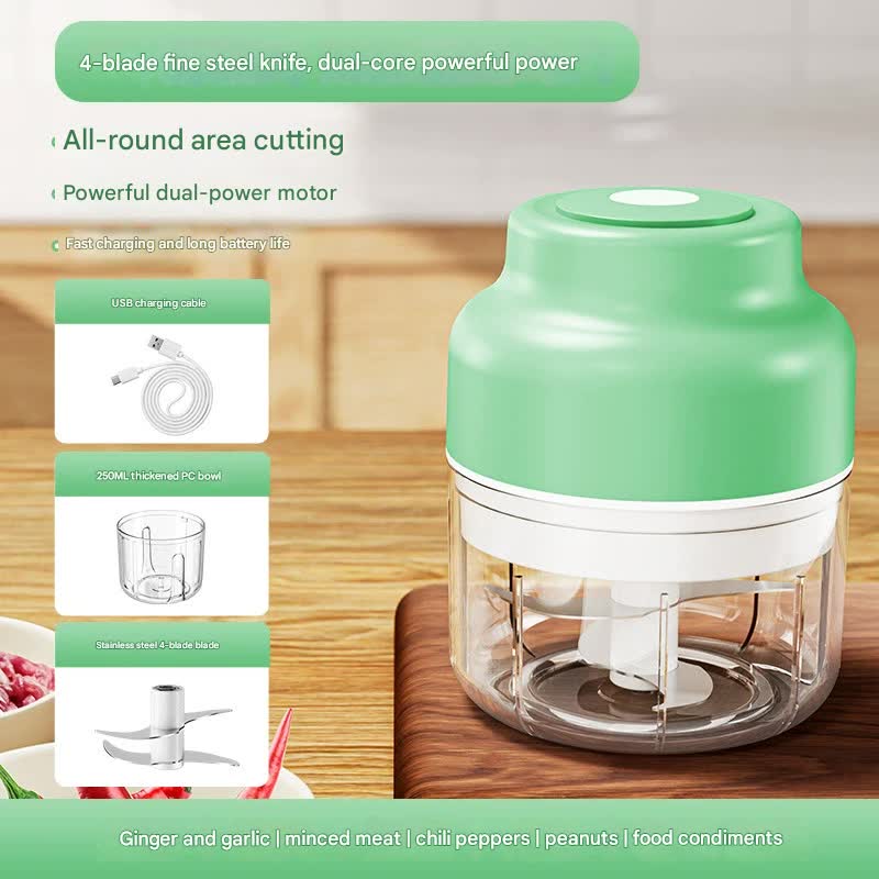 V888-ELOSUNG35972-202509041427-00 Powerful Mini Electric Food Chopper - USB Rechargeable Cordless Garlic & Meat Mincer(green 250ml + 4-blade knife) - Image 1