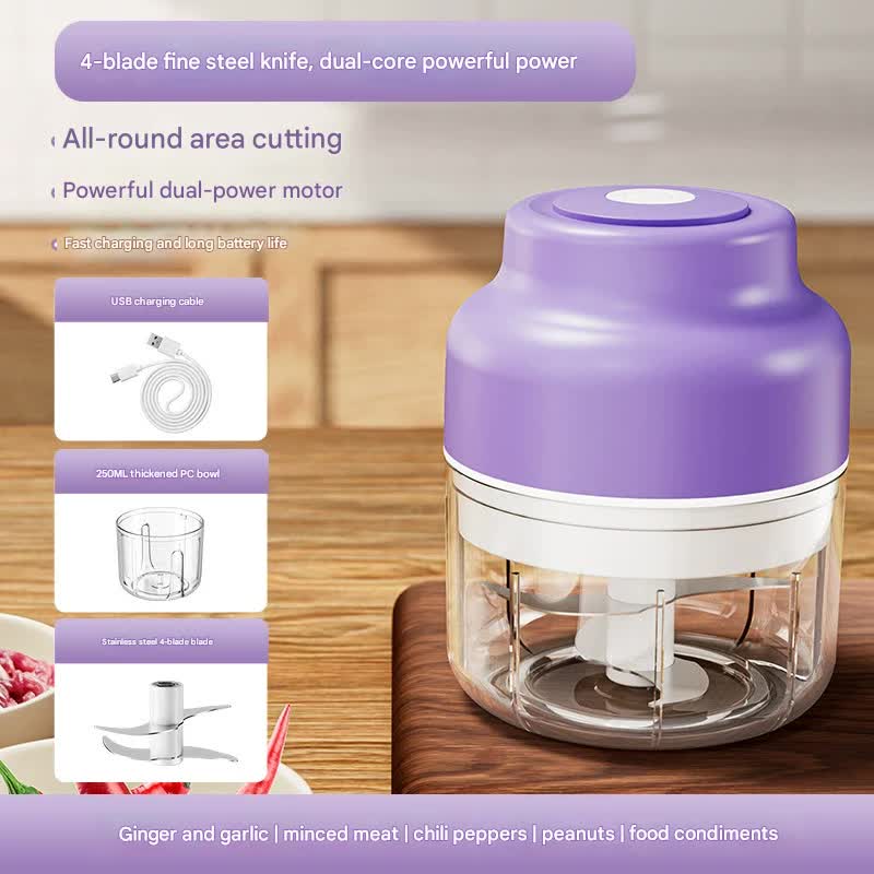 V888-ELOSUNG35973-202509041427-00 Powerful Mini Electric Food Chopper - USB Rechargeable Cordless Garlic & Meat Mincer(purple 250ml + 4-blade knife) - Image 1