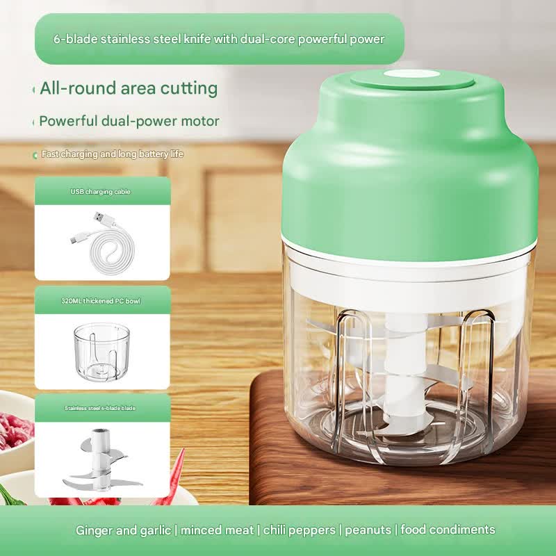 V888-ELOSUNG35975-202509041427-00 Powerful Mini Electric Food Chopper - USB Rechargeable Cordless Garlic & Meat Mincer(green 320ml + 6-blade knife) - Image 1