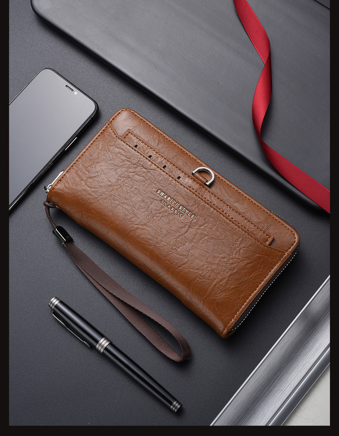 V888-ELOSUNG36004-202507211311-00 Brown Classic Long Zipper Wallet Clutch - Large Capacity PU Leather Phone & Card Holder with Wrist Strap - Image 1