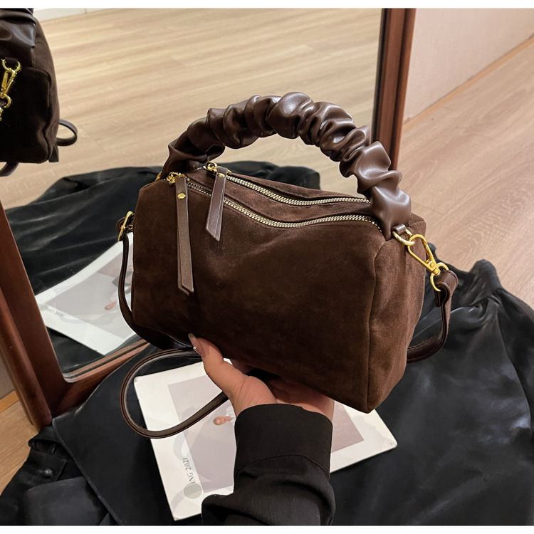 V888-ELOSUNG36065-202507281654-00 Coffee Chic Ruched Handle Crossbody Bag - Womens Faux Suede Top Handle Handbag with Detachable Strap - Image 1