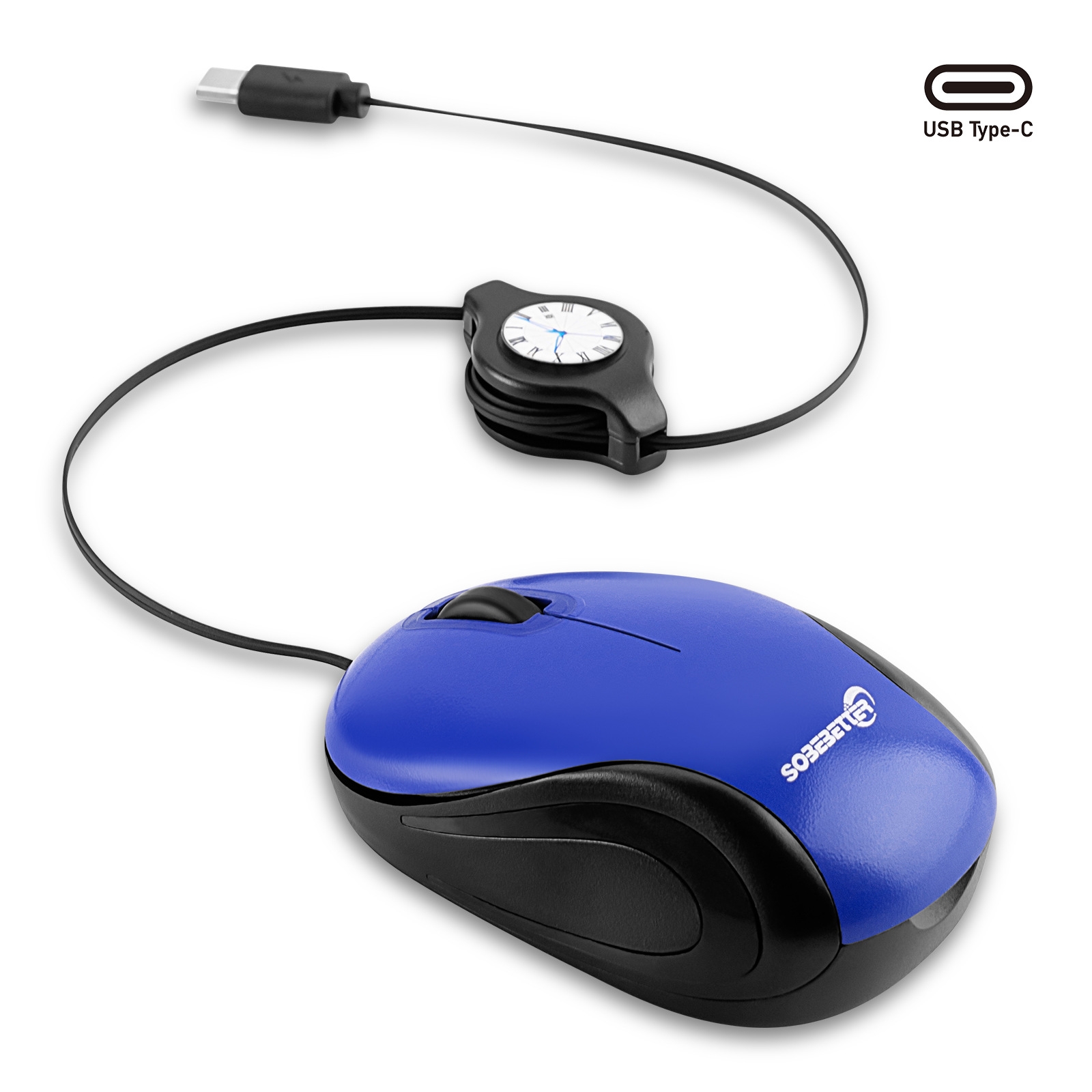 V888-ELOSUNG36161-202508061110-00 Blue and Black Portable Mini USB-C Mouse with Retractable Cable - Silent Click Travel Mouse for Laptop, MacBook, Tablet - Image 1