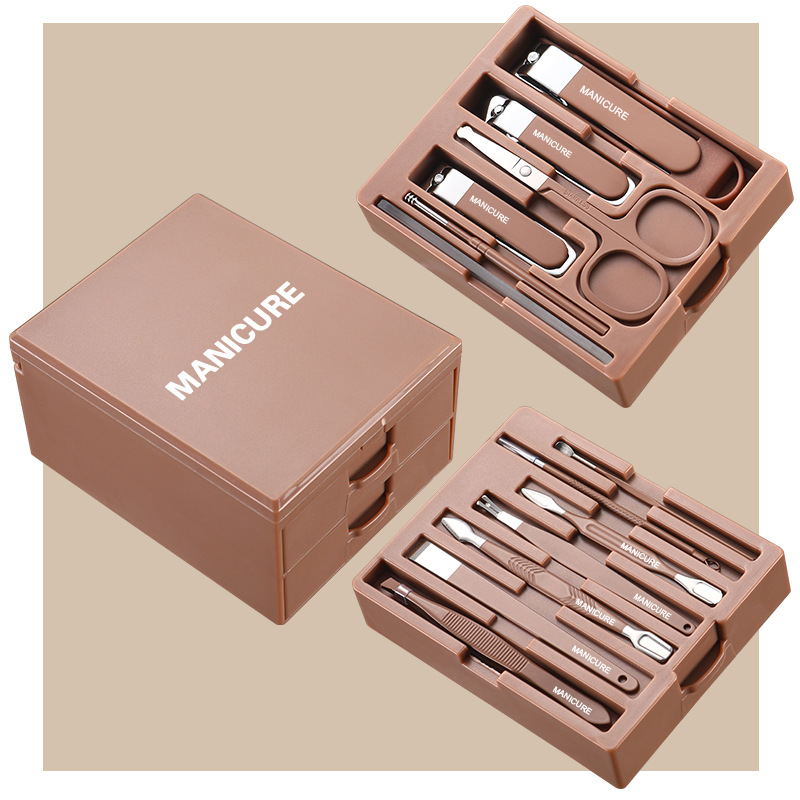 V888-ELOSUNG36169-202508071510-00 Brown Premium 13-in-1 Manicure & Grooming Kit - Professional Carbon Steel Pedicure Set with Dual-Drawer Case & Mirror - Image 1