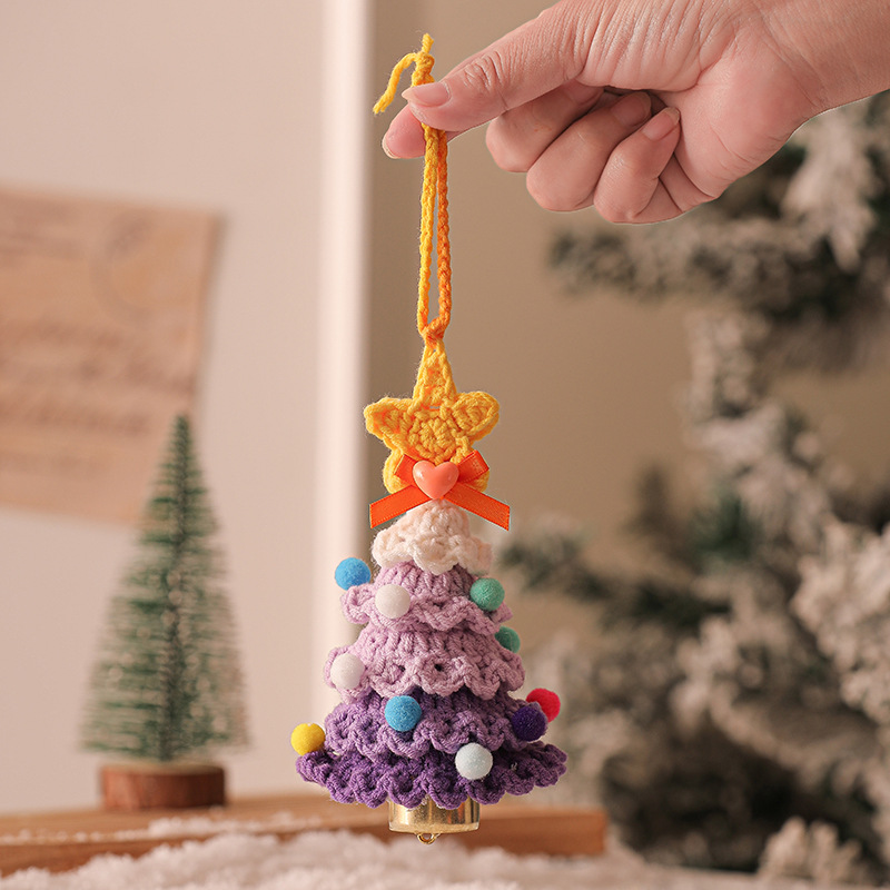 V888-ELOSUNG36205-202508111510-00 2 Pcs Style B Yellow and Purple Handmade Crochet Christmas Tree Ornament - Festive Hanging Decoration with Jingle Bell - Image 1