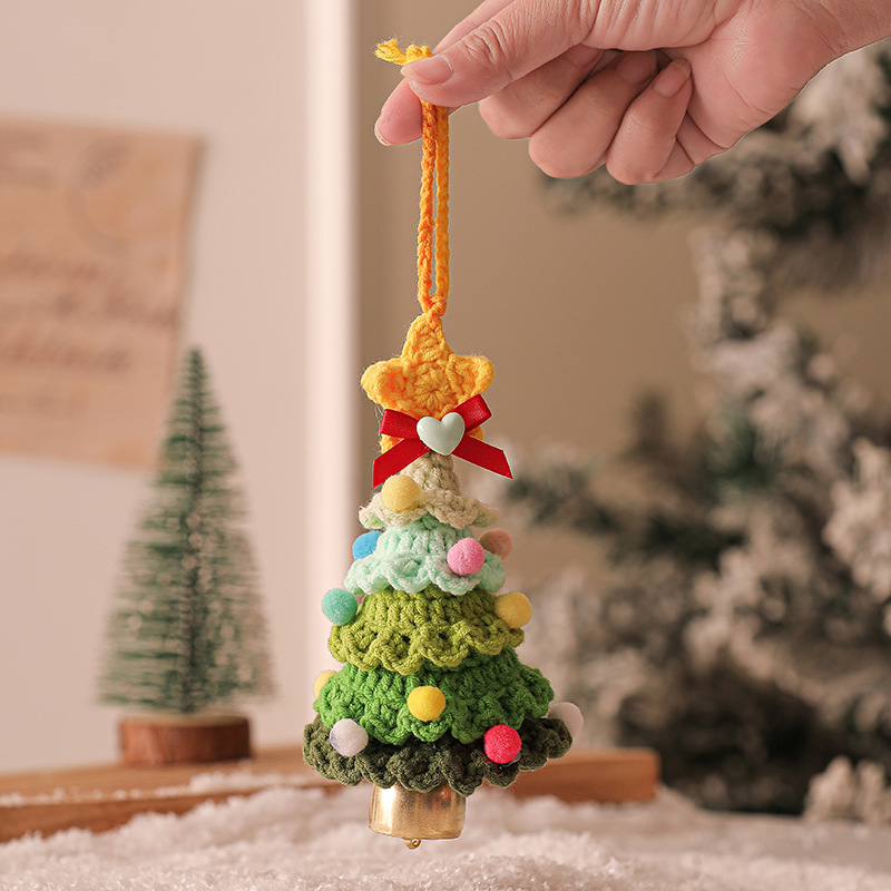 V888-ELOSUNG36206-202508111510-00 2 Pcs Style C Yellow and Green Handmade Crochet Christmas Tree Ornament - Festive Hanging Decoration with Jingle Bell - Image 1