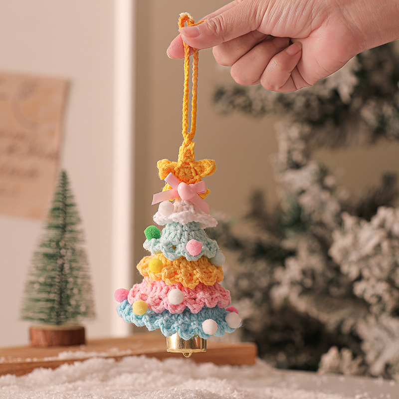 V888-ELOSUNG36207-202508111504-00 2 Pcs Style D Colorful Handmade Crochet Christmas Tree Ornament - Festive Hanging Decoration with Jingle Bell - Image 1