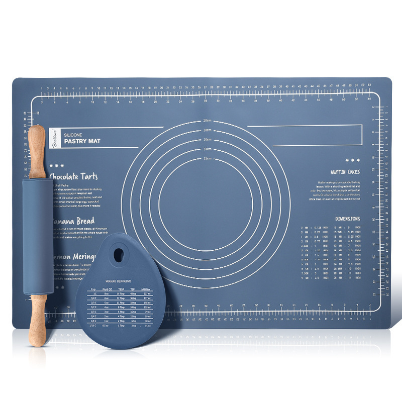 V888-ELOSUNG36244-202508131413-00 Dark Blue 3-Piece Silicone Baking Set - Non-Stick Pastry Mat with Measurements, Rolling Pin & Dough Scraper - Image 1