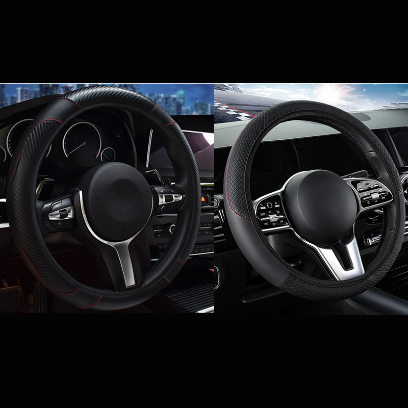 V888-ELOSUNG36260-202508131416-00 2-Pack (Type A + Type B)Black Sporty Carbon Fiber Leather Steering Wheel Cover - Universal 38cm Easy-Fit Elastic Grip - Image 1