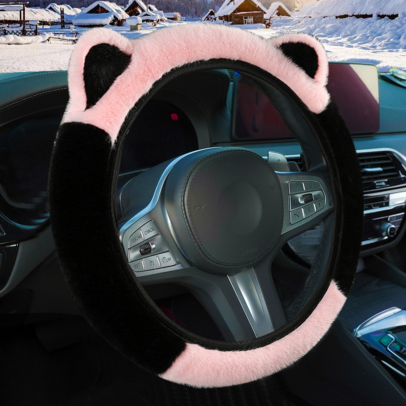 V888-ELOSUNG36261-202508131416-00 Pink Stitching Black Plush Cat Ear Steering Wheel Cover - Cute & Fuzzy Winter Grip, Universal 38cm Fit - Image 1