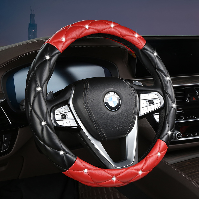 V888-ELOSUNG36276-202508131421-00 Black and Red Luxury Bling Steering Wheel Cover - Black Quilted Leather with Crystal Rhinestones, Universal 38cm Fit - Image 1