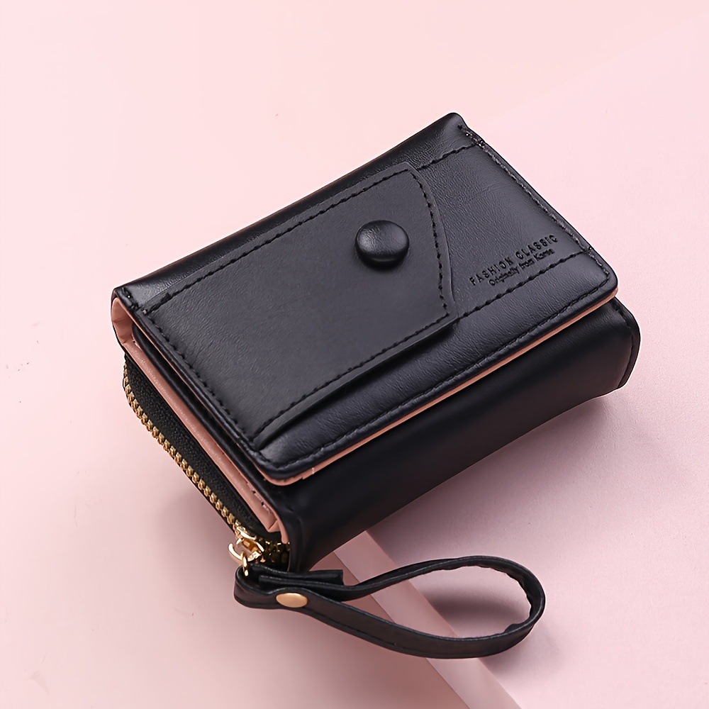 V888-ELOSUNG36334-202508191035-00 Black Chic Compact Trifold Wallet for Women - PU Leather Card Holder with Zipper Coin Purse & Wristlet Strap - Image 1