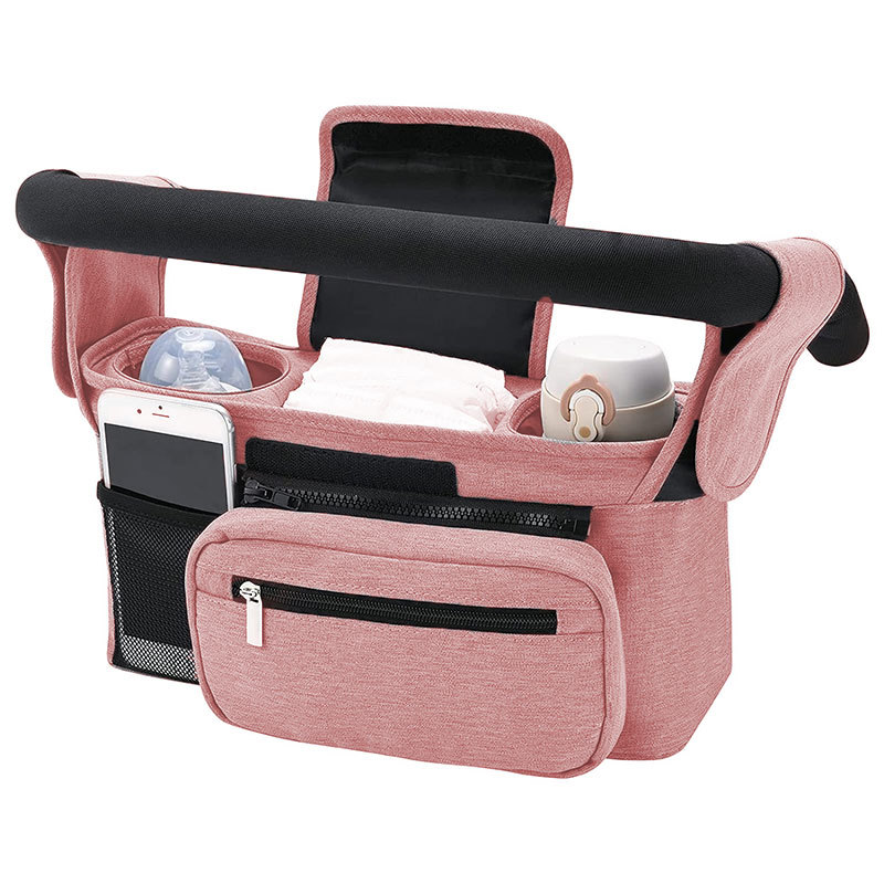 V888-ELOSUNG36389-202509031117-00 Pink Universal Stroller Organiser Caddy with Insulated Cup Holders and Detachable Wristlet - Image 1