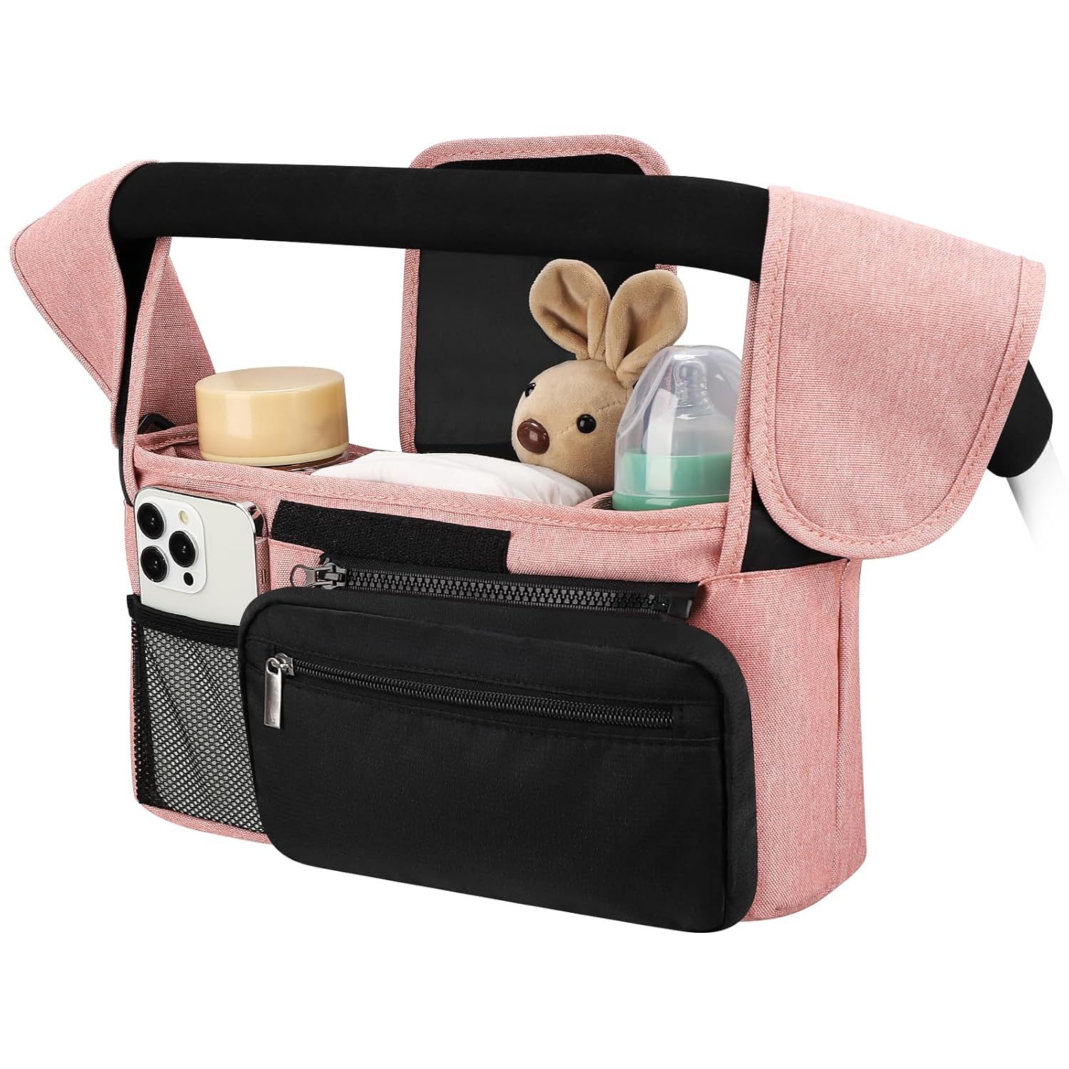 V888-ELOSUNG36393-202509031118-00 Pink and Black Stitching Universal Stroller Organiser Caddy with Insulated Cup Holders and Detachable Wristlet - Image 1