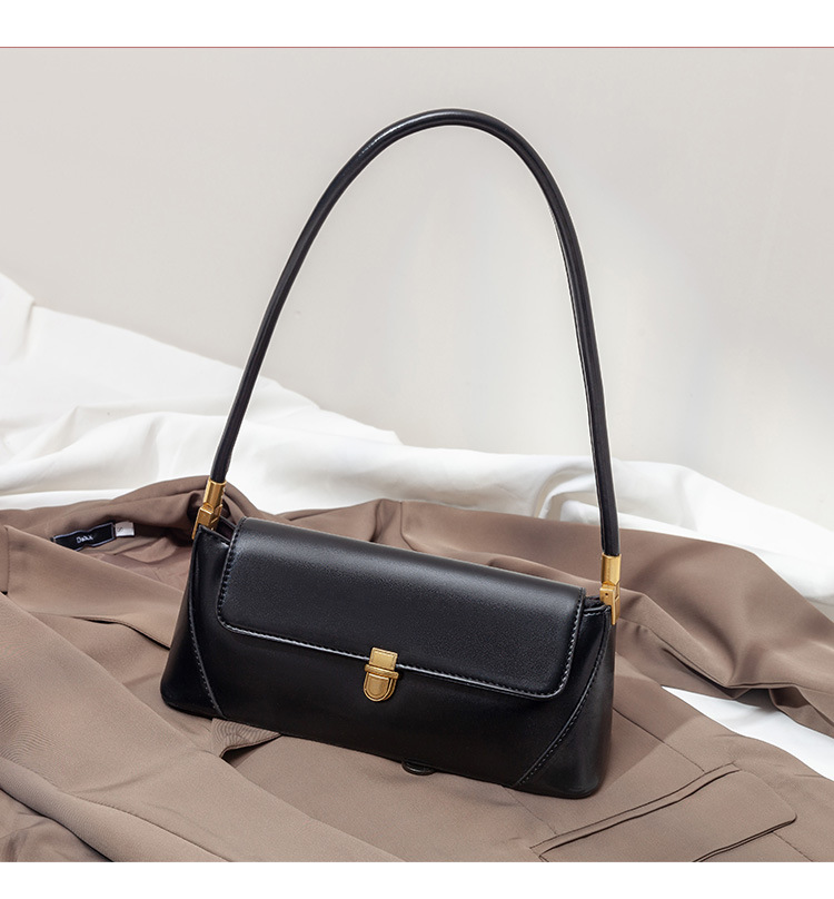 V888-ELOSUNG36409-202509050920-00 Black Elegant Vintage Baguette Shoulder Bag - Chic PU Leather Underarm Purse with Gold Clasp - Image 1