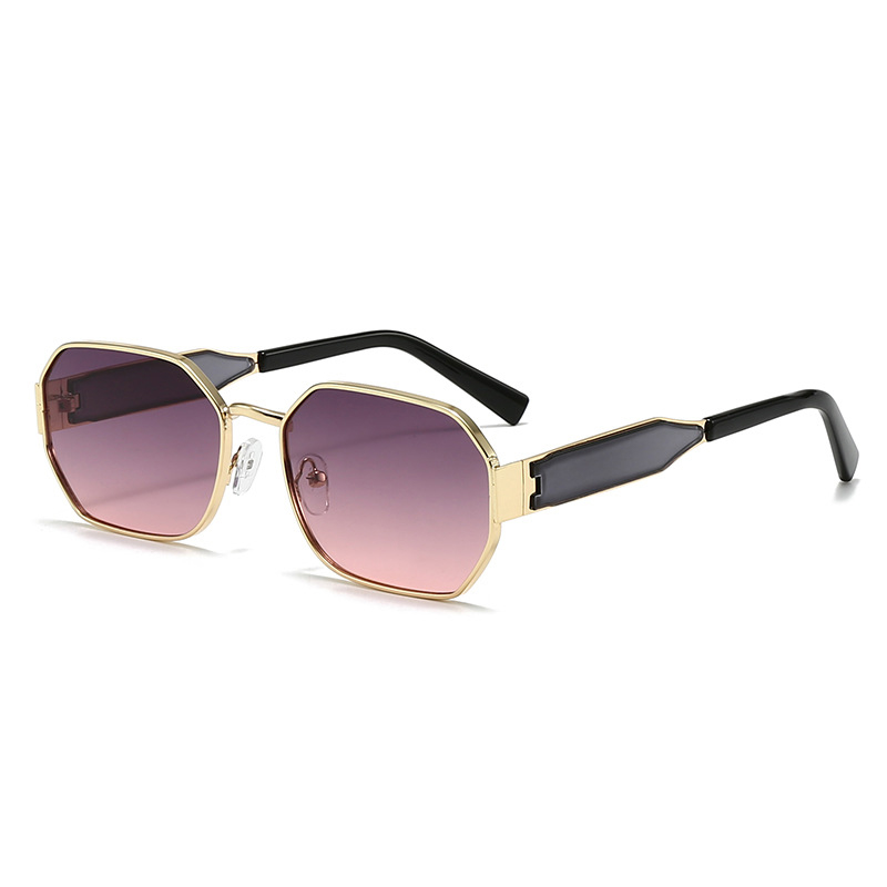 V888-ELOSUNG36440-202509081041-00 Gold Frame and Pink Grey Lenses Modern Retro Geometric Sunglasses - Chic Metal Frame with UV400 Lenses and Black PU Leather Protective Case - Image 1