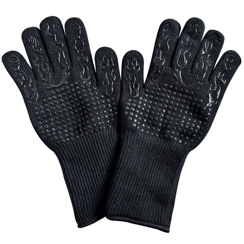 V888-ELOSUNG36501-202509220940-00 Black Flame Pattern Extreme Heat Resistant BBQ Gloves - 500°C Flame Design Oven Gloves with Non-Slip Silicone Grip - Image 1