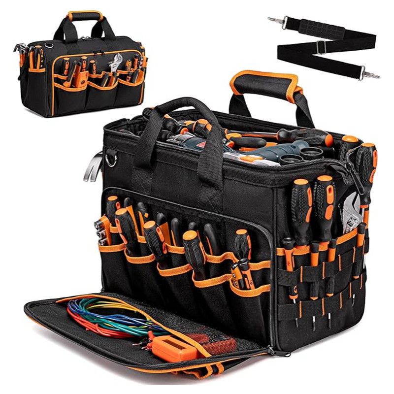 V888-ELOSUNG37057-202509220942-00 Heavy-Duty 17-Inch Tool Bag with 46 Pockets, Waterproof Base & Shoulder Strap(Black Orange) - Image 1