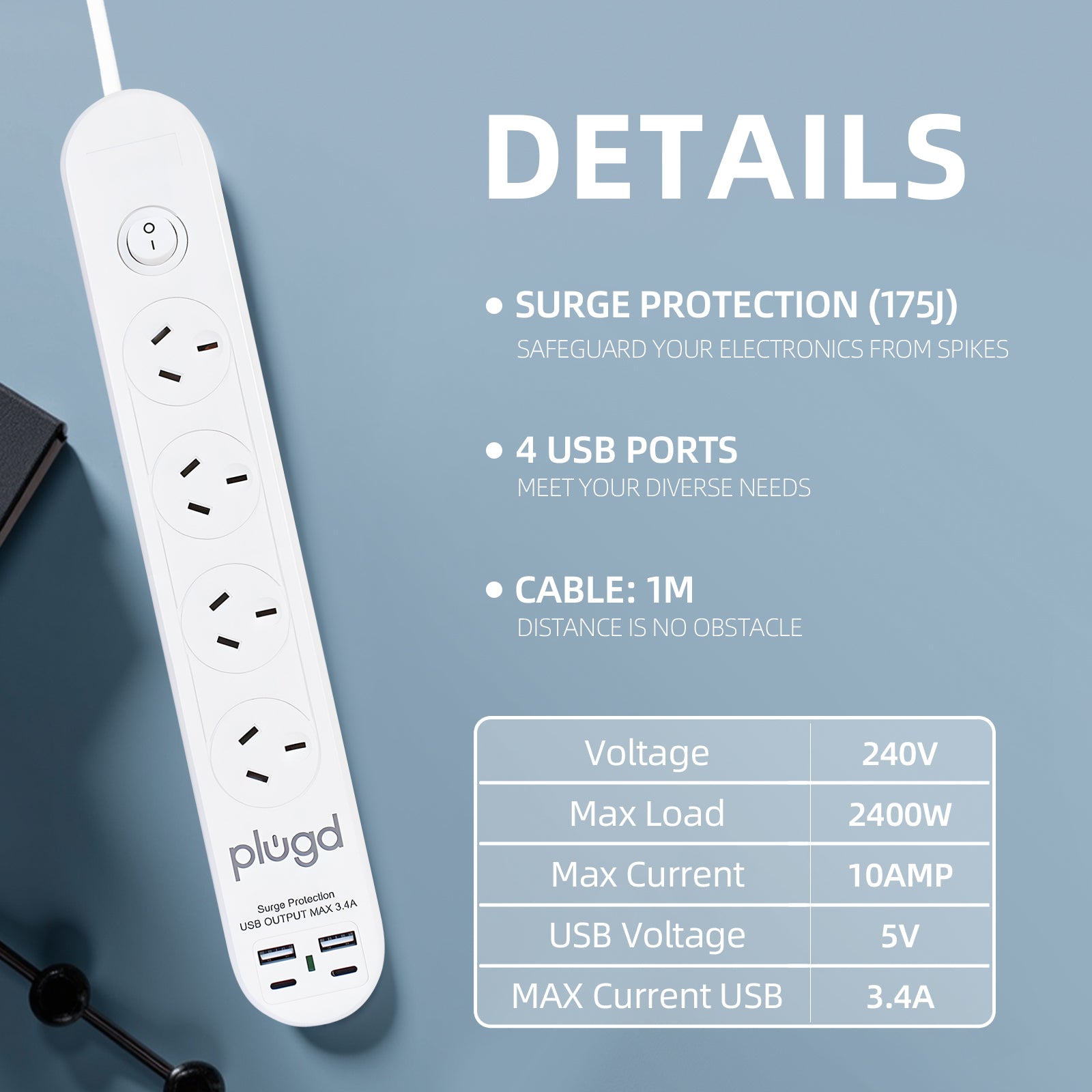 V915-EL0113-202509250841-00 Plugd 2 USB A + 2 USB C 240V 10A Powerboard with Surge Protection - Image 1