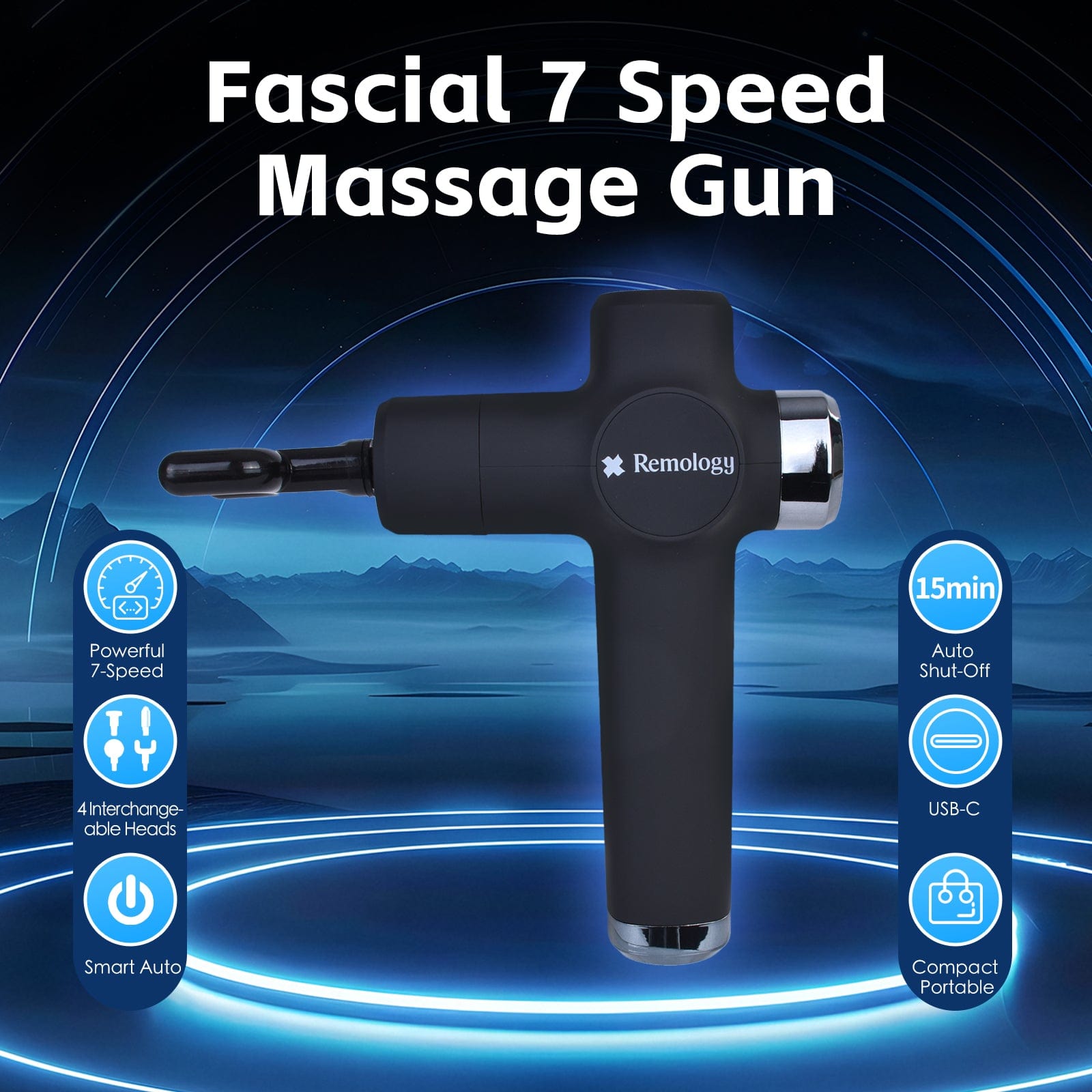 V915-RM0037-202509250915-00 Remology Impact Therapy 7 Adaptive Speed USB-C Fascial Massage Gun with 4 Heads - Image 1