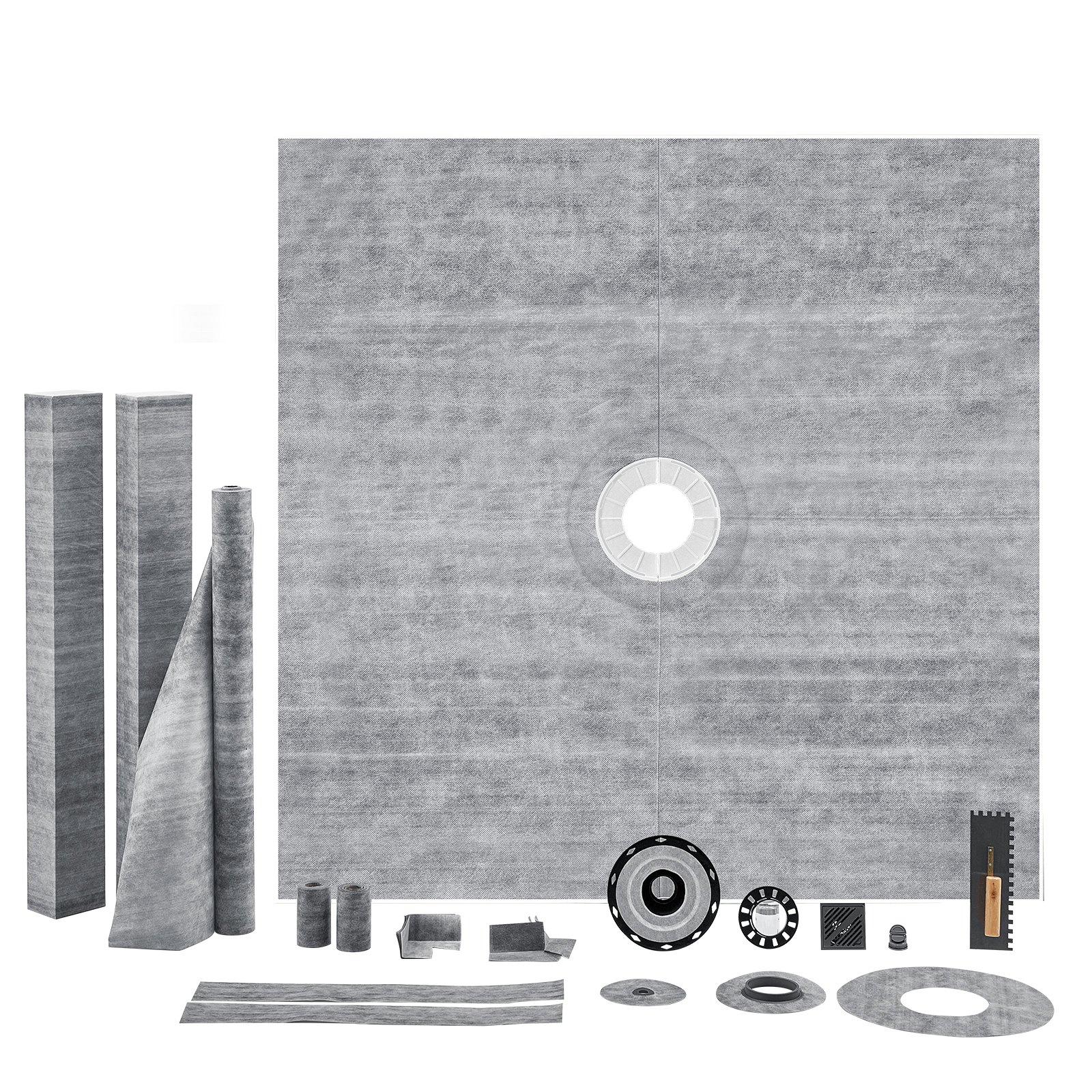 V952-ABSLYTJHSABSAJTFCV0-202508011322-00 VEVOR Shower Curb Kit, 1828x1828mm, 72"x72" Shower Pan Kit with 50.8mm ABS Central Flange, 101.6mm Stainless Steel Grate, Waterproof Shower Curb & Membrane & Strip, Shower Pan Slope Sticks Fit for Bathroom - Image 1