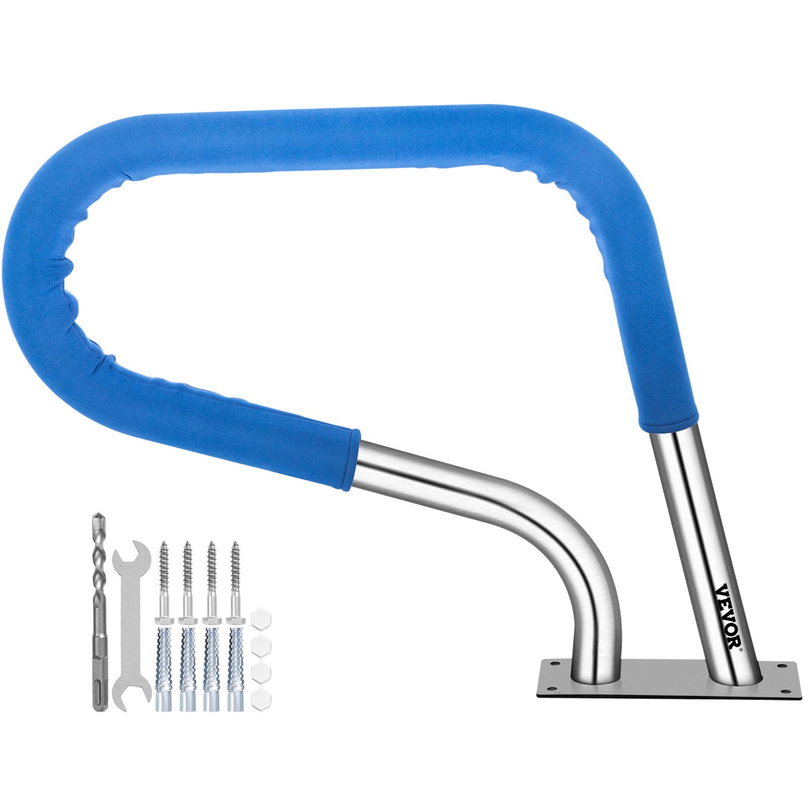 V952-BXGYCFS3W32X23YC1V0-202507141242-00 VEVOR Pool Rail 32x23 Pool Railing 304 Stainless Steel 250LBS Load Capacity Silver Rustproof Pool Handrail Humanized Swimming Pool Handrail with Blue Grip Cover & M8 Drill Bit & Self-Taping Screws - Image 1