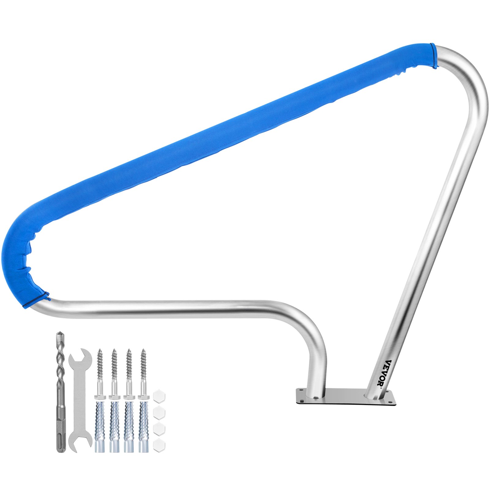 V952-BXGYCFS3W48X36YC1V0-202508011821-00 VEVOR Pool Rail 48x36 Pool Railing 304 Stainless Steel 250LBS Load Capacity Silver Rustproof Pool Handrail Humanized Swimming Pool Handrail with Blue Grip Cover & M8 Drill Bit & Self-Taping Screws - Image 1