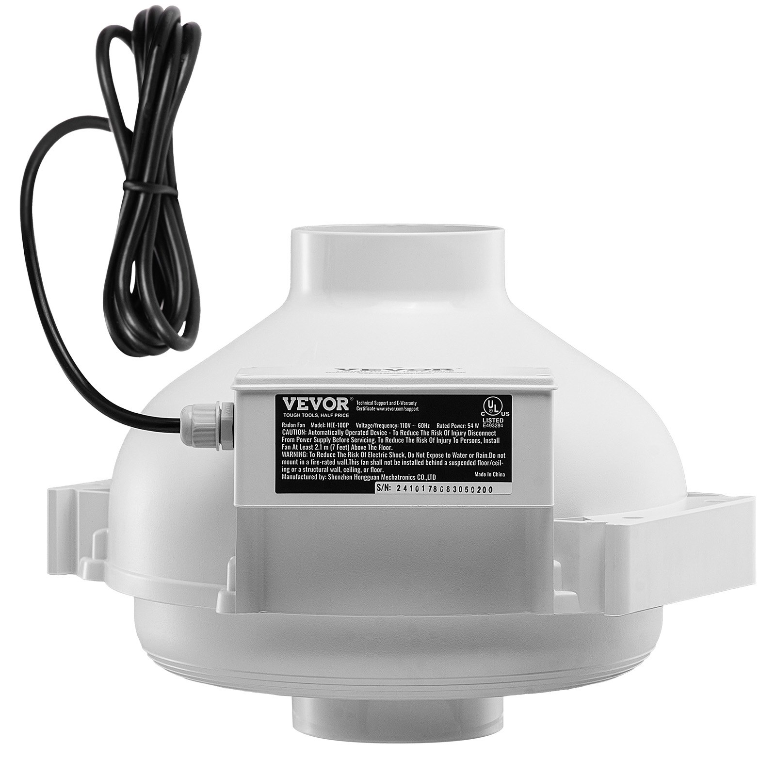 V952-DFSDJ4INCH19VRDPTV3-202507141315-00 VEVOR 4" to 4.5" Radon Mitigation Fan System Quiet 190CFM Inline Duct Waterproof - Image 1