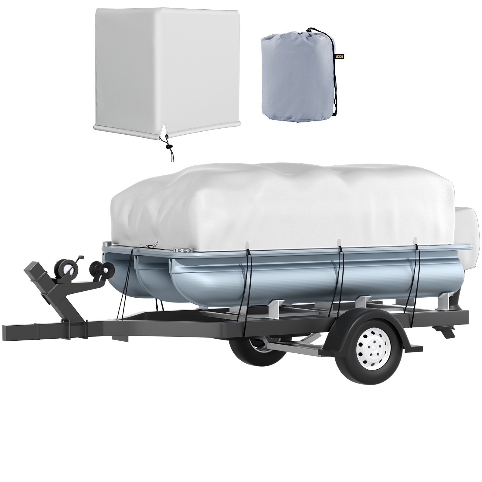 V952-FQCZYCYCB21245KUNV0-202508020016-00 VEVOR Pontoon Boat Cover, Fit for 17'-20' Boat, Heavy Duty 600D Marine Grade Oxford Fabric, UV Resistant Waterproof Trailerable Boat Cover with 2 Support Poles and 7 Wind-Proof Straps, Gray - Image 1