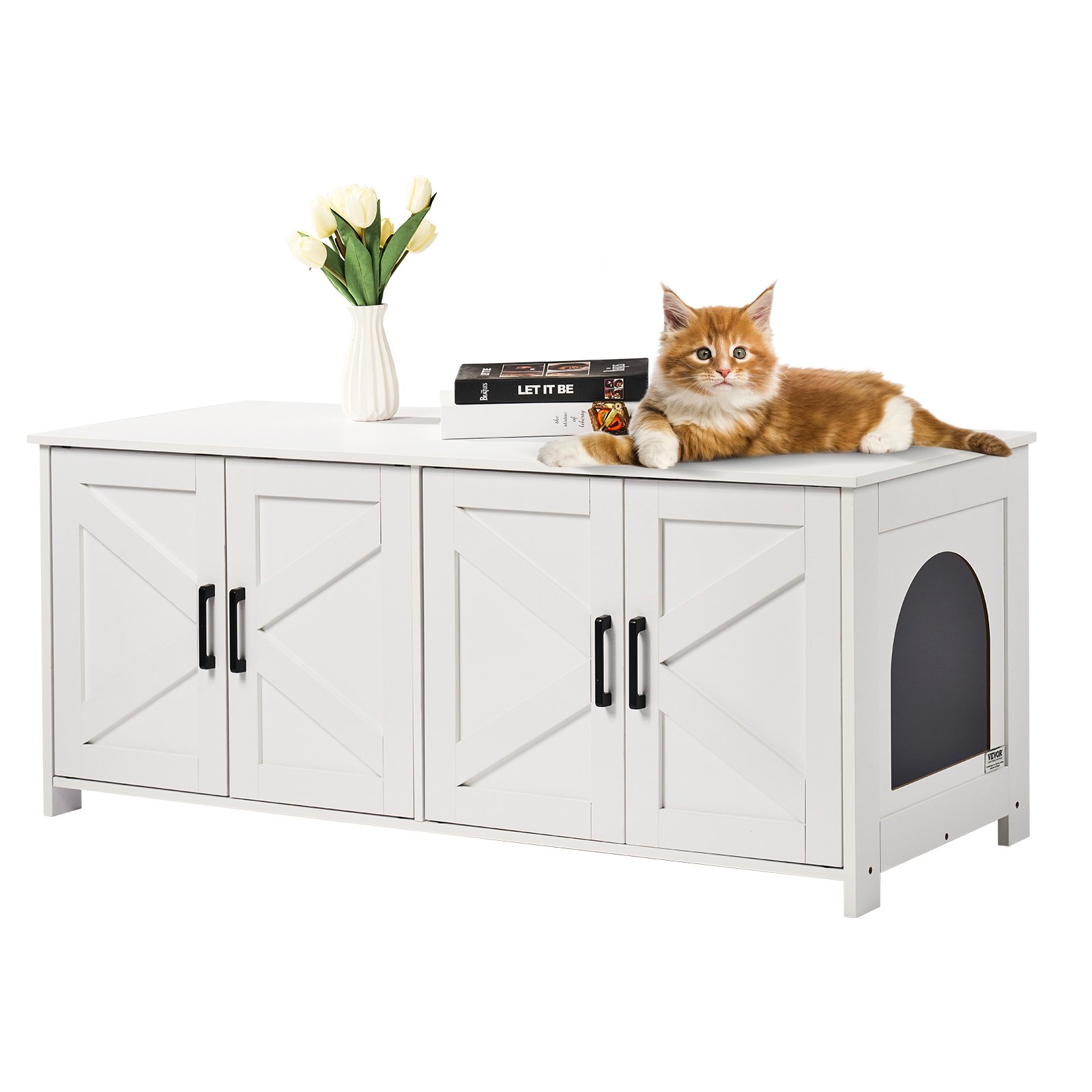 V952-JSDMMSPWQ472Z9PLHV0-202507141326-00 VEVOR Cat Litter Box Enclosure Wooden Litter Box Furniture Hidden 2 Rooms White - Image 1