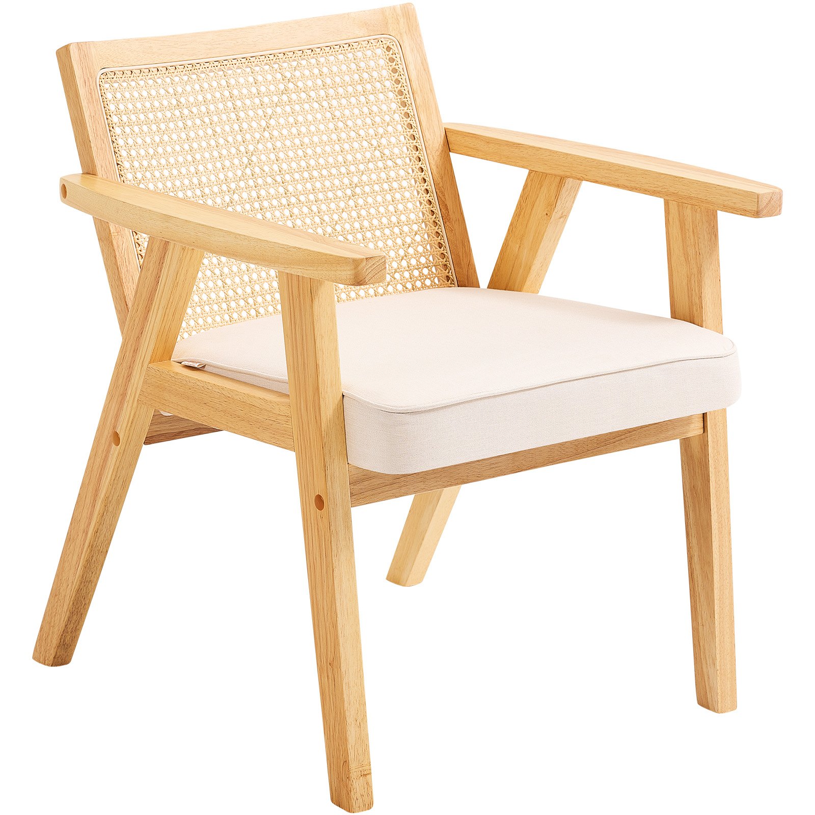 V952-TBYYMS4KTYBYP9GE1V0-202507141653-00 VEVOR Rattan Chair, Mid Century Modern Dining Chair with Armrest, Upholstered Chair with Rattan Back, Retro Rattan Dining Room Kitchen Chair for Living Room, Bedroom, Reading Room, and Office, Beige - Image 1