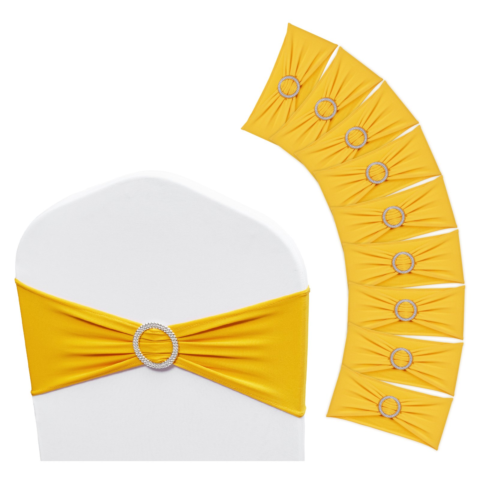 V952-YTZSDJS100PCAUCQ3V0-202507141615-00 VEVOR Stretch Spandex Chair Sashes, Chair Slipcover and Stretch Chair Sash with Round Buckle, Elastic Chair Bands, Fitting Wedding, Holiday, Banquet, Party Chair Decoration (100 PCS Golden Yellow) - Image 1