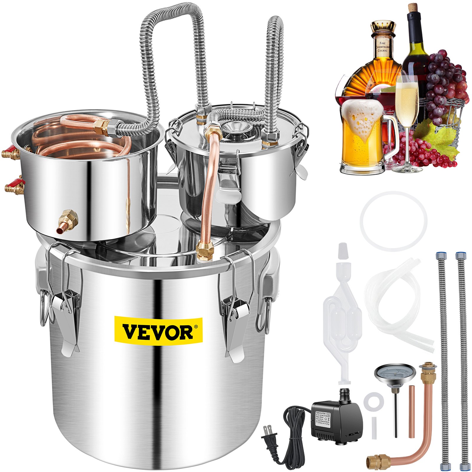 V952-ZLQSLNTDBA50LKQP7V3-202507141446-00 VEVOR Moonshine Still Water Alcohol Distiller 50L w/Thumper Keg & Water Pump - Image 1