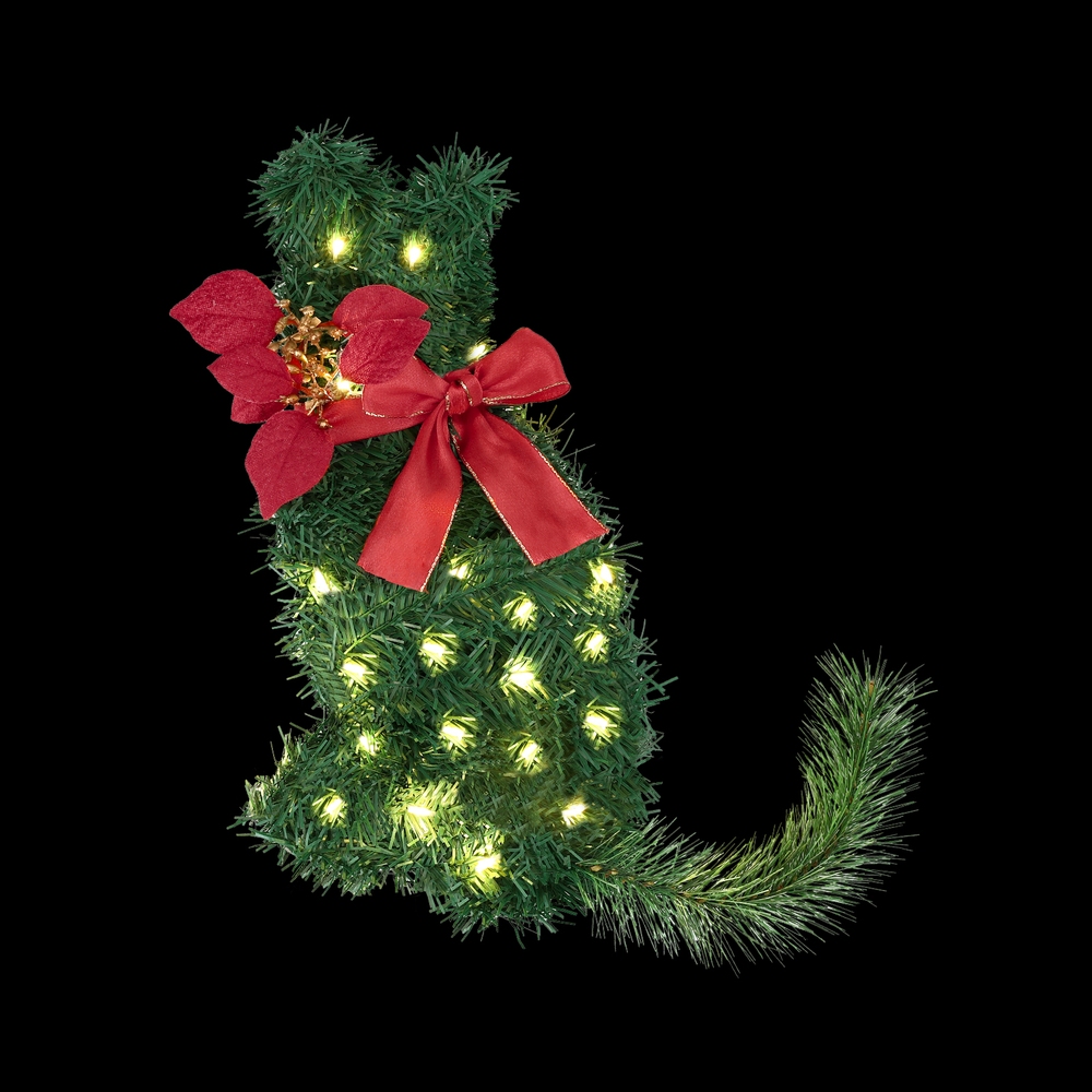 XM-TR-WRE-CAT-LED-202508271806-00 Jingle Jollys Cat Christmas Wreath Pre-lit 20 LED Xmas Decor Bow Flower 35x30cm - Image 1
